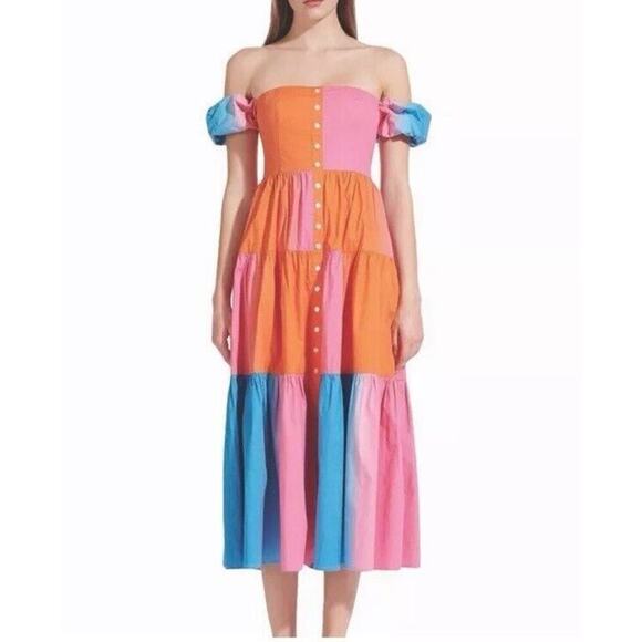 Staud Elio Dress in Hibiscus Multicolor Off The Shoulder Tiered Dress Size 2 NWT - Picture 1 of 9